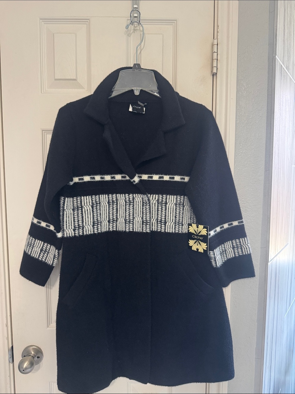 Cliche NWT Black Peacoat with White Knit Stripe Detail